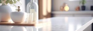 A quartz countertop in a pristine kitchen